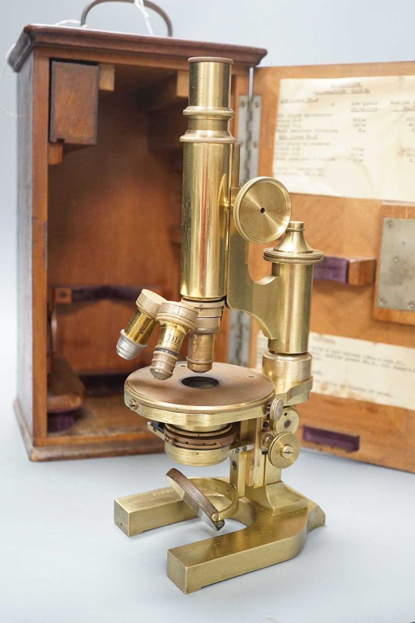 A brass E.Leitz Wetzlar microscope, serial number 28626, in original case